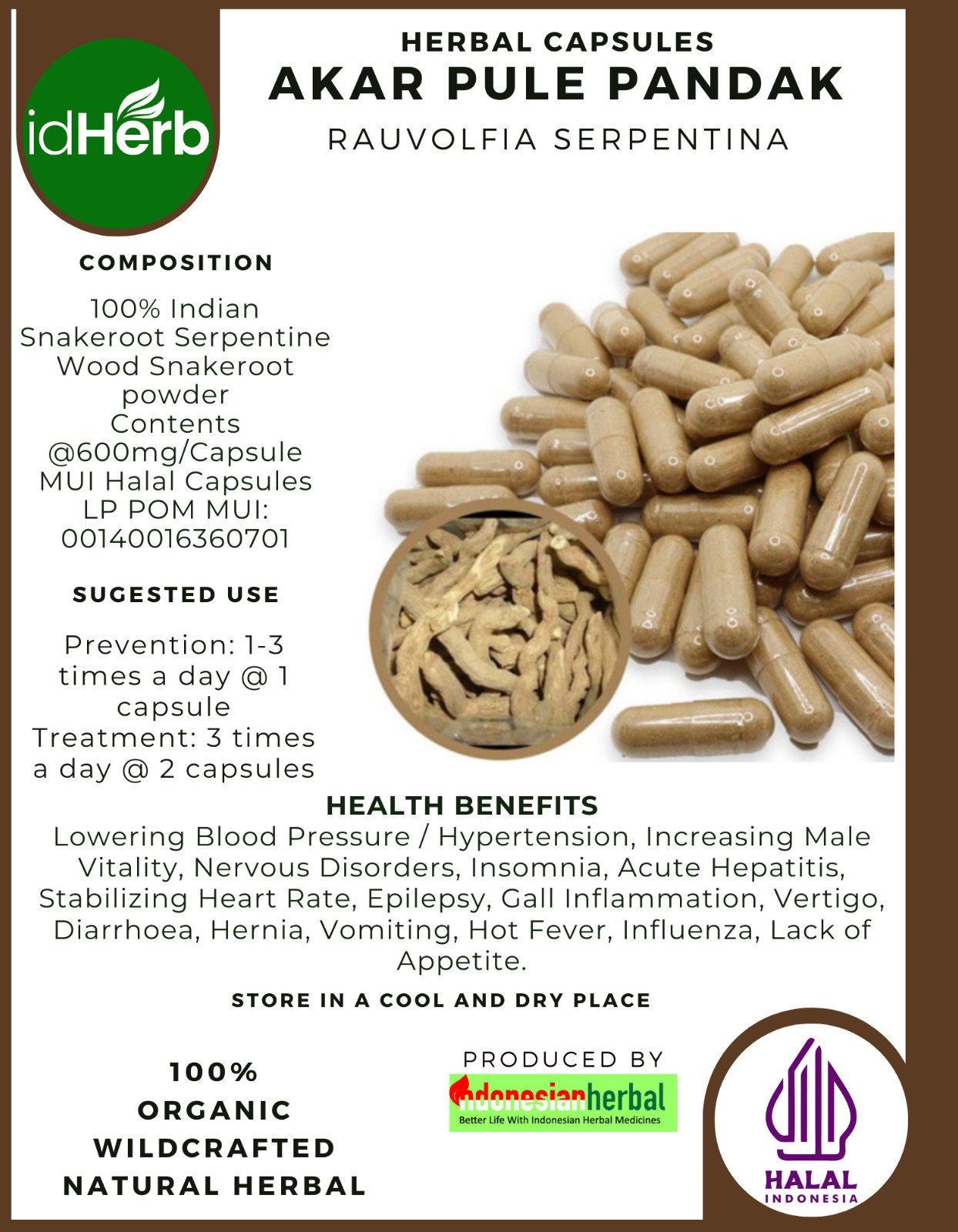 [idHerb] 100-800 Capsule Indian Snakeroot Rauvolfia Serpentina Wildcrafted