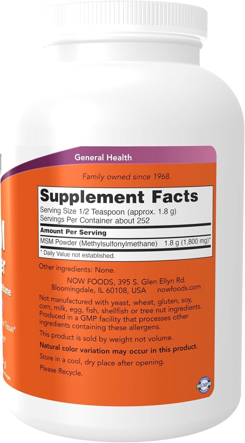 NOW Foods MSM Powder 1 lb 454 g GMP Quality Assured, Non-GMO, Vegan, Vegetarian