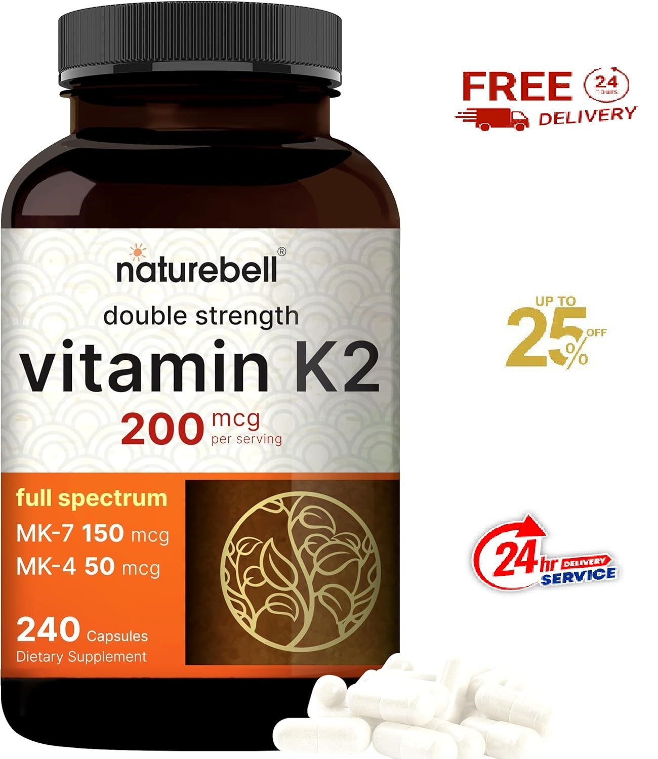 Full Spectrum Vitamin K2 Complex Supplement with MK-7 MK-4 200 mcg 240 Caps, USA