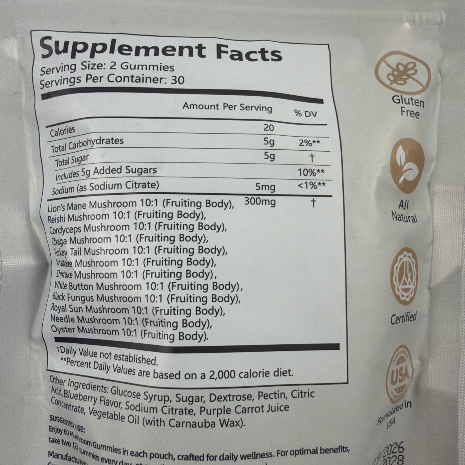 Gusupy Super Mushroom Daily Gummies 60 Count Wild Blueberry Exp 01 18 2028