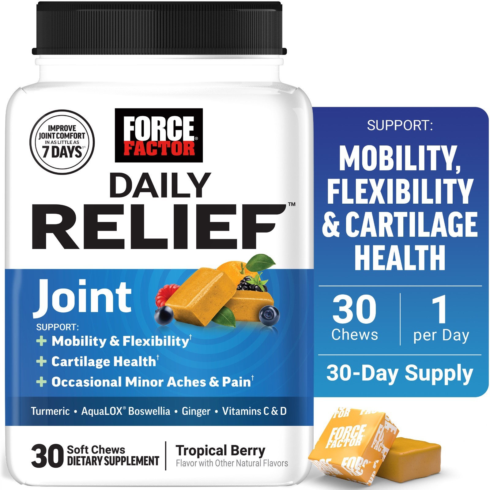Force Factor Daily Relief Joint Boswellia Turmeric Ginger Vitamin D Chews 30ct