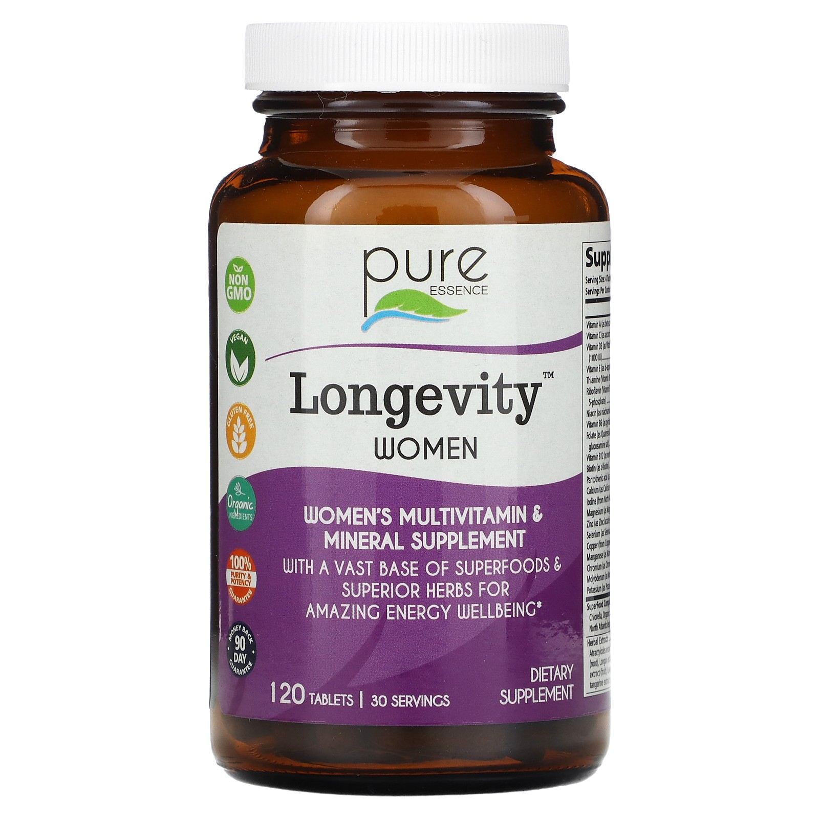 Pure Essence Longevity Women 120 Tablets Dairy-Free, Gluten-Free, No Artificial