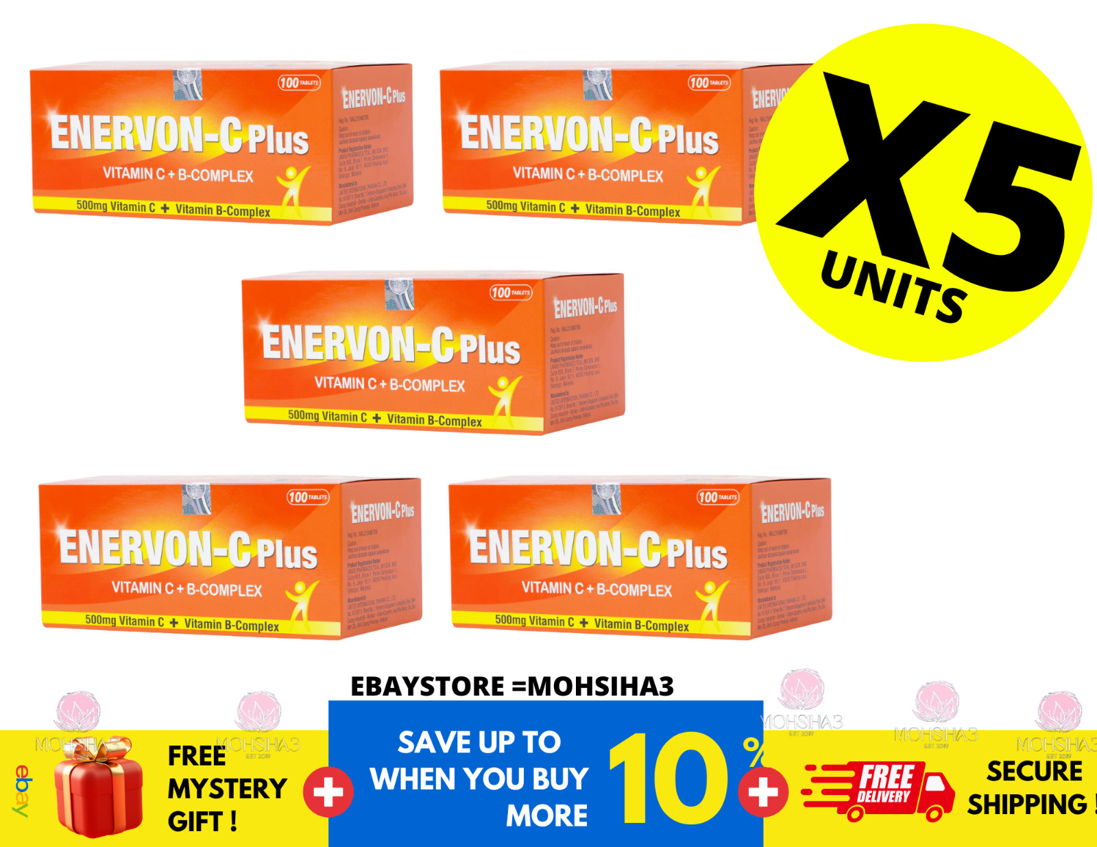 ENERVON-C Vit C 500mg + Vit B-Complex Increase Energy Immunity (100’s) X 5