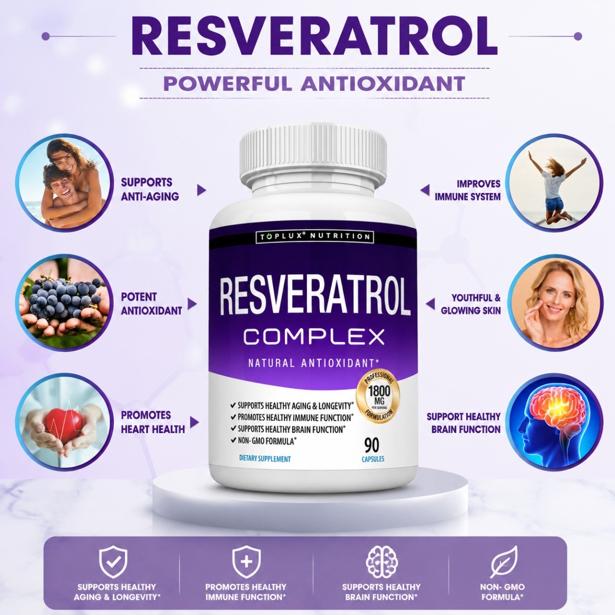 Resveratrol Complex 1800mg, Natural Antioxidant 90 Non-GMO Capsules