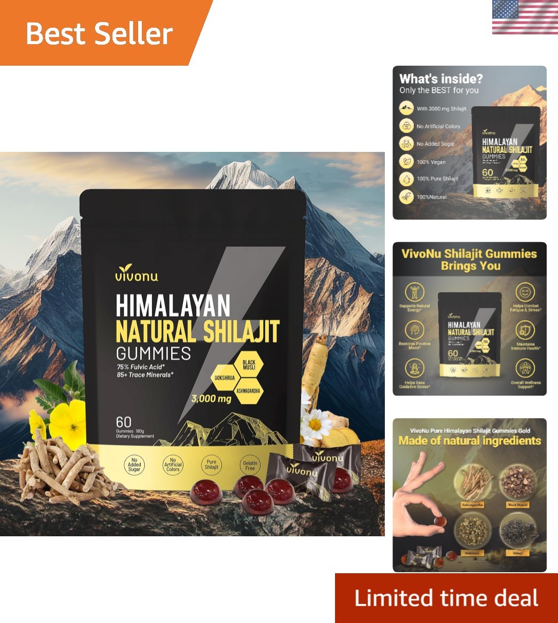 Individually Wrapped Himalayan Shilajit Gummies with Ashwagandha – 60 Pieces