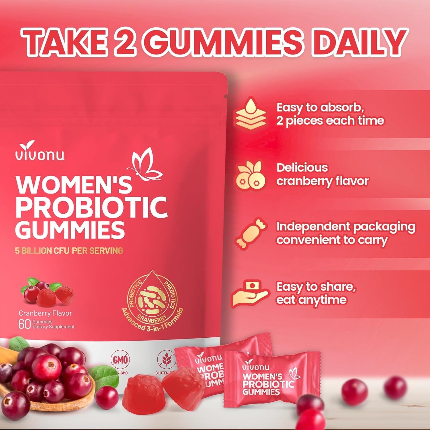 VivoNu Vaginal Probiotic Gummies Women pH Balance Yeast Flora Cranberry NEW US