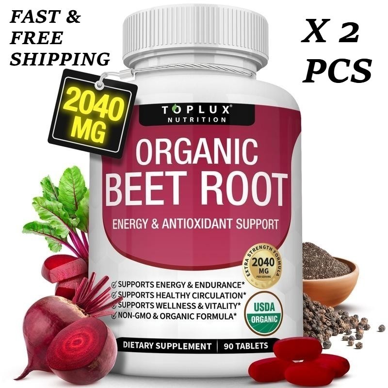 2 BOTTLES–NEW TopLux Organic Beet Root 2040mg––Energy Circulation & Antioxidant