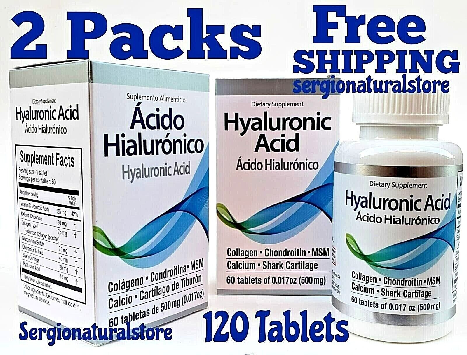 2 Packs ACIDO HIALURONICO 120 Tablets 500 MG. EACH HYALURONIC ACID COLAGENO