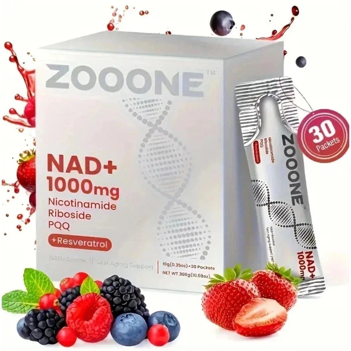 ZOOONE NR1000 NAD+ Drink Mix – Berry Flavor, 30 Pack, Skin Health & Energy