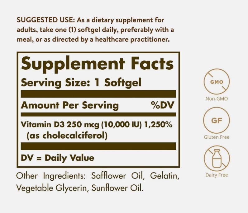 Solgar Vitamin D3 Cholecalciferol 250 mcg 10000 IU 120 Softgels