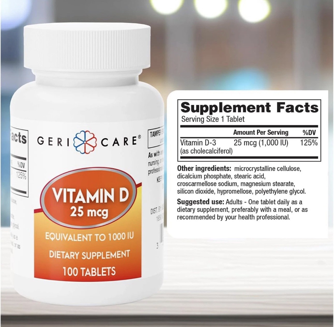 Geri-Care Vitamin D3 1000IU 25mcg Immune Support Daily Supplement 100 Tabs