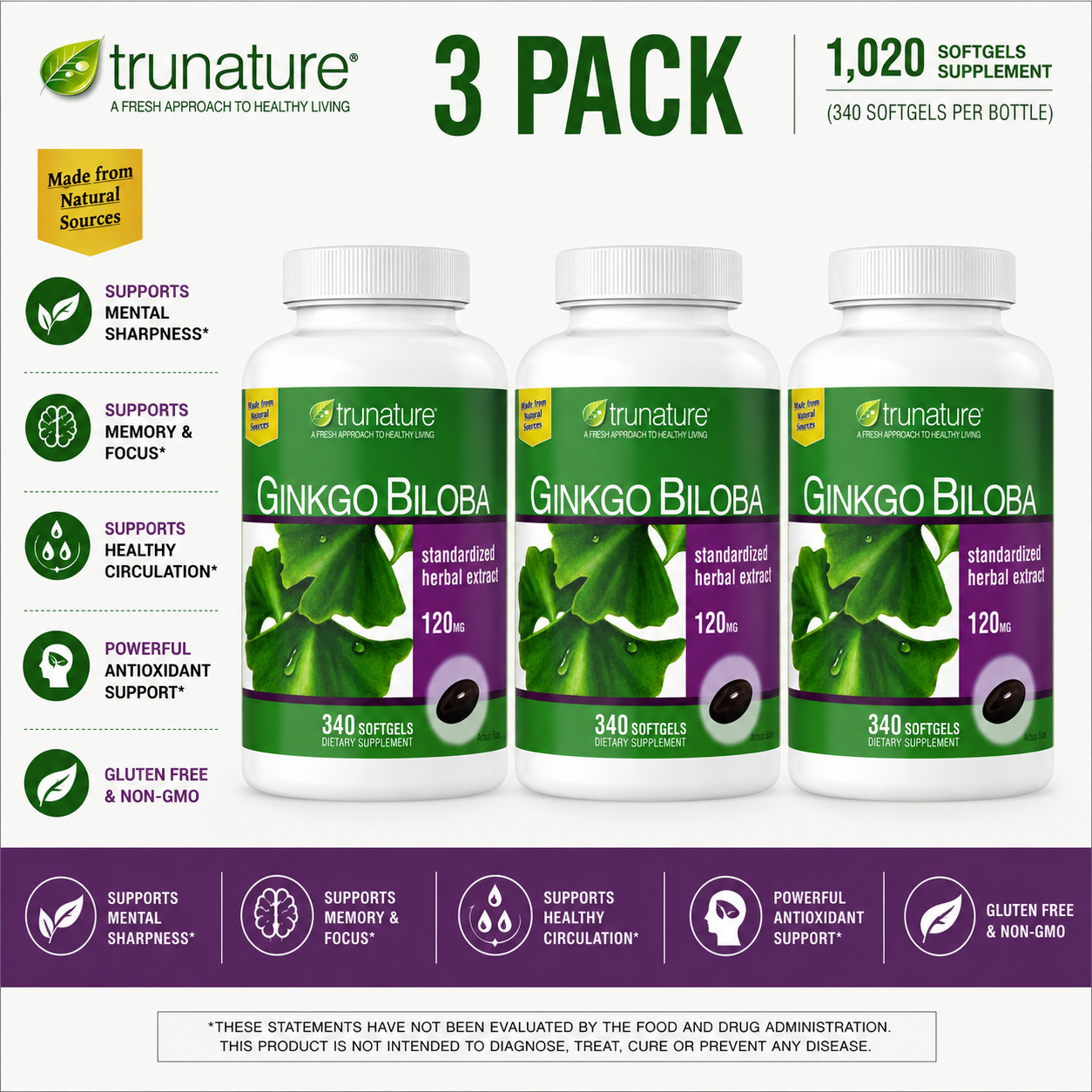 3-Pack Trunature Ginkgo Biloba 120mg, 340 Softgels