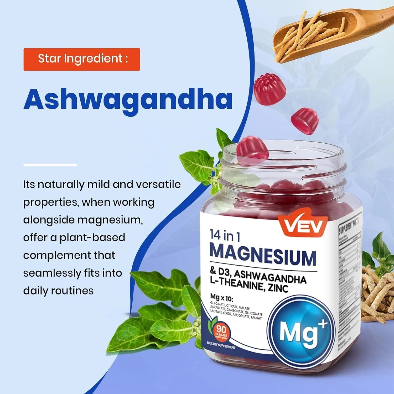 VEV DeepCalm 14-In-1 Magnesium Complex 90 Gummies 2-Bottles Ashwagandha D3 Zinc-