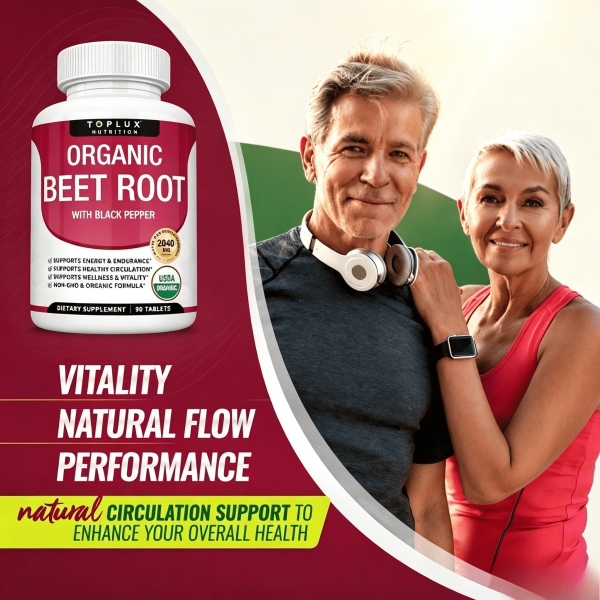 Toplux Organic Beet Root 2040mg – Nitric Oxide Support, Black Pepper, 90 Tablets