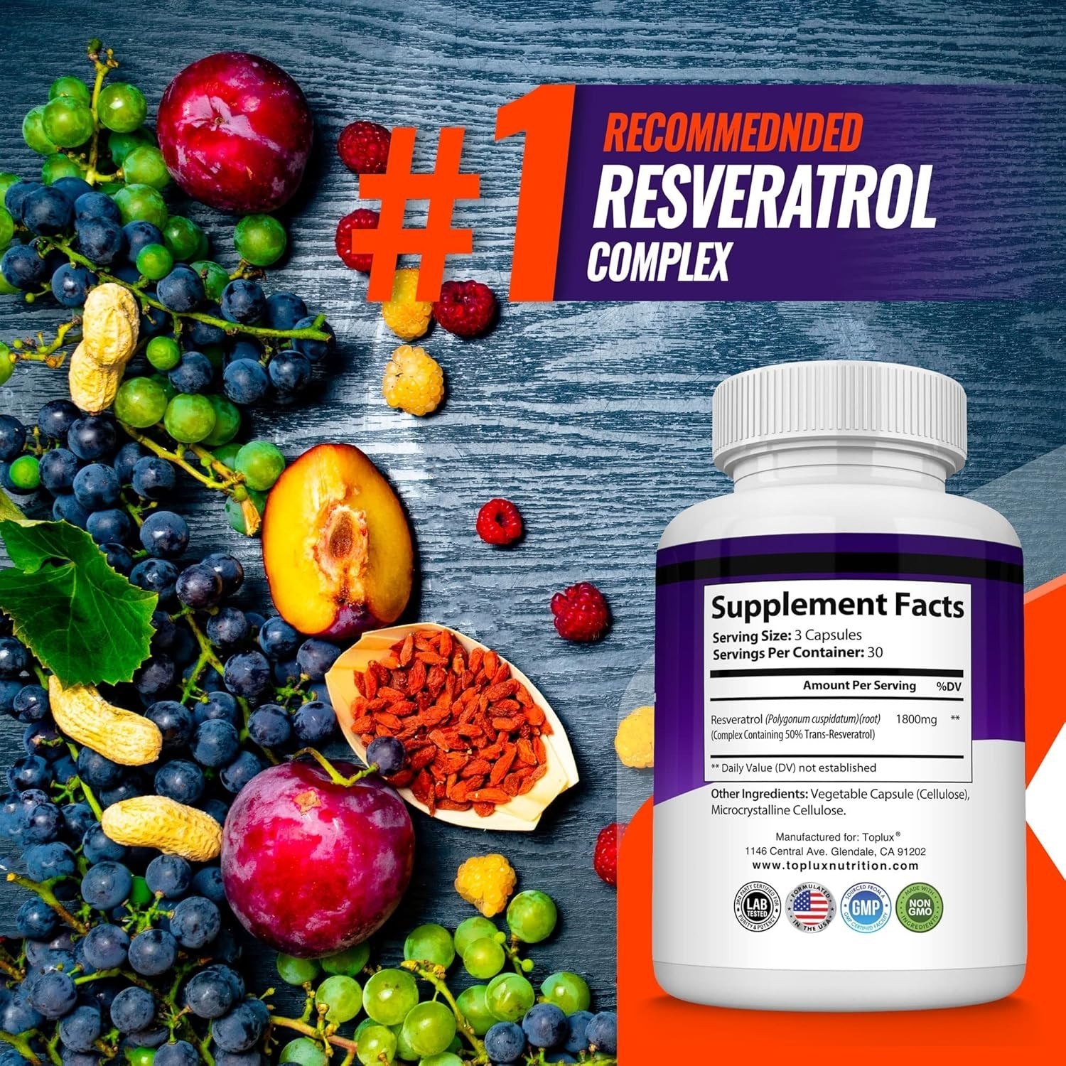 Resveratrol 1800mg Antioxidant Complex, Anti Aging, 90 Capsules