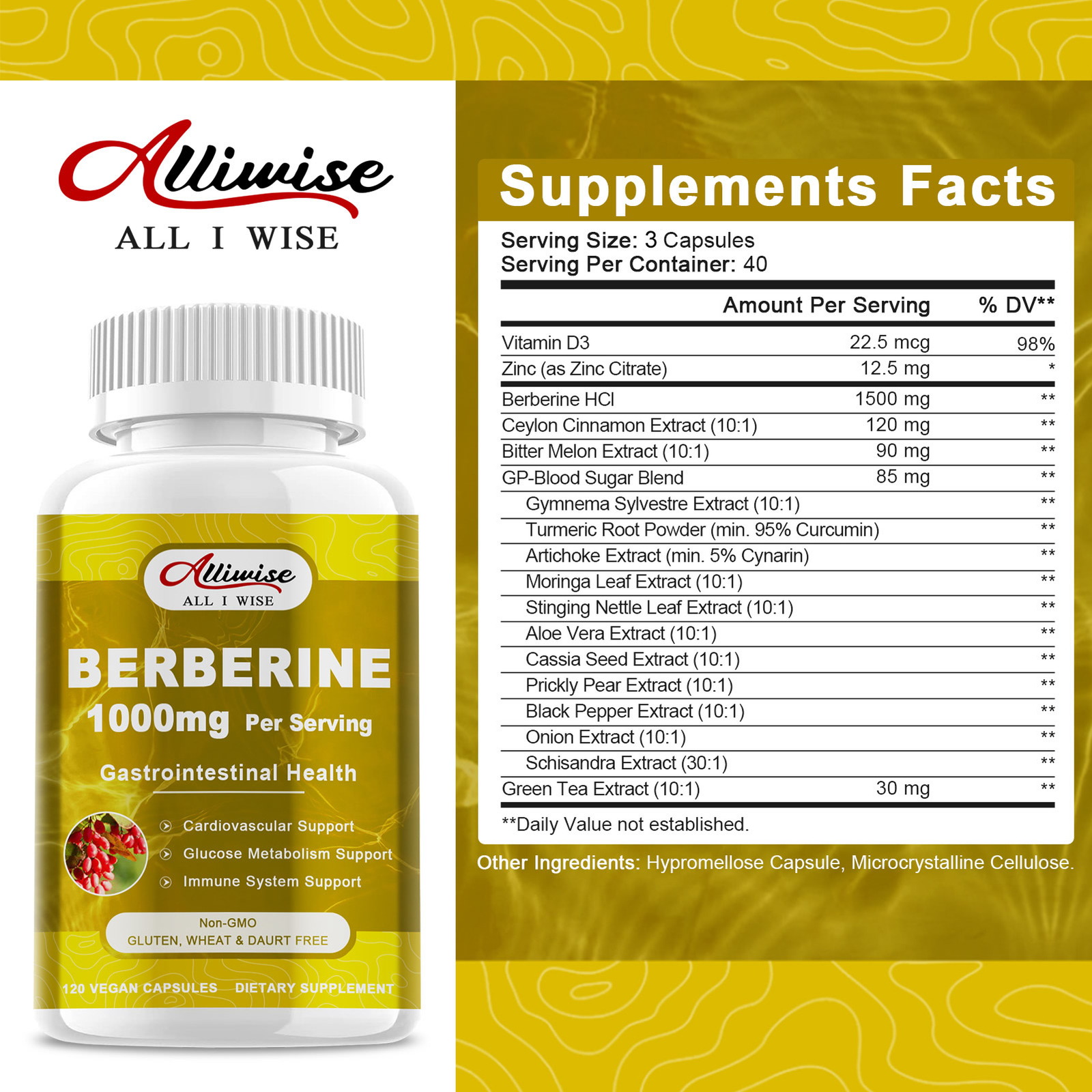 Alliwise Berberine Supplement Capsules 1000mg Organic Ceylon Cinnamon 120 Pills