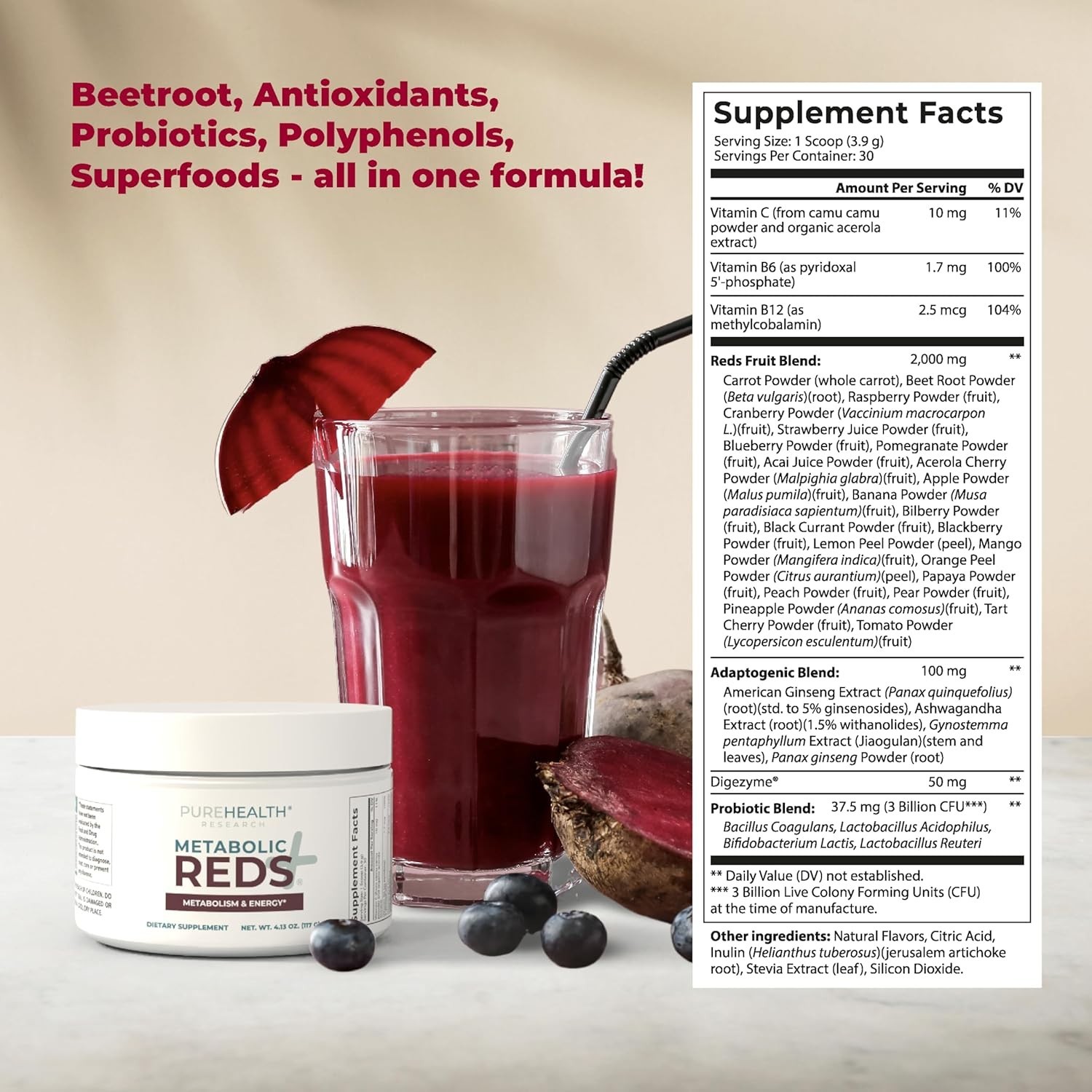 PUREHEALTH RESEARCH Reds Superfoods Powder ,Only 10 Calories Fruit and Vegetable