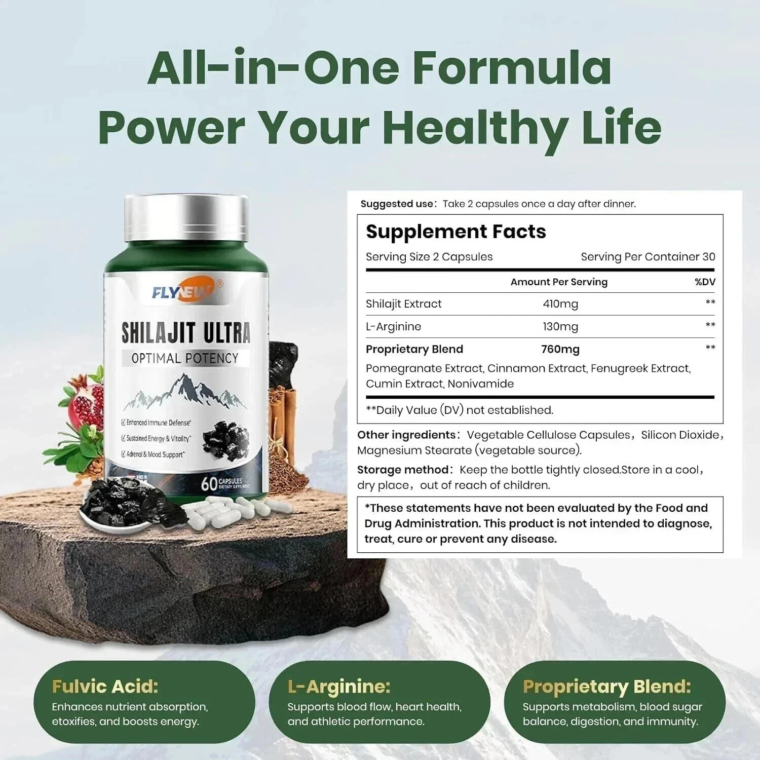 3 Pack Flynew Shilajit Ultra Optimal Potency, Shilajit Extract with L-Arginine