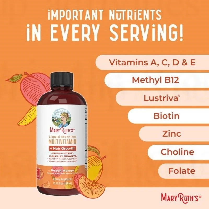 Mary Ruth’s Liquid Morning Multivitamin + Hair Growth – Peach Mango – 15 fl oz++