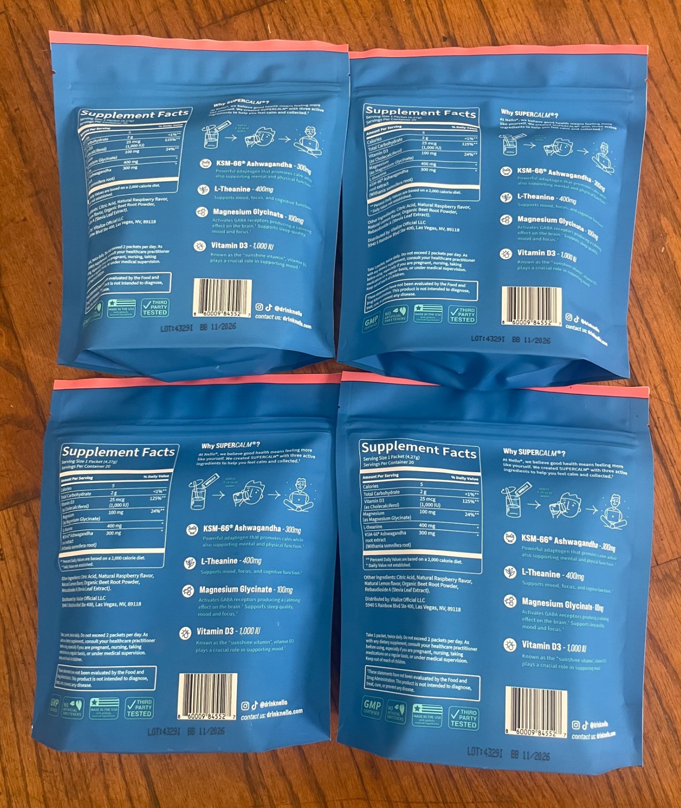 4-Pack Nello Supercalm Powdered Calming Drink Mix Raspberry Lemonade BB 11/2026