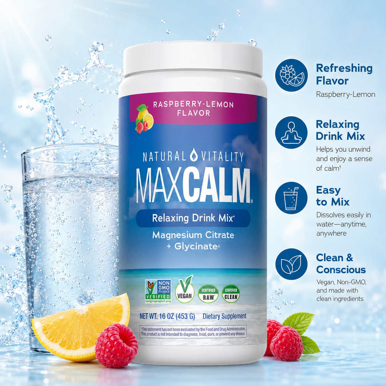 CALM Magnesium Drink – Sleep & Stress Support – Raspberry Lemon, 28 Servings