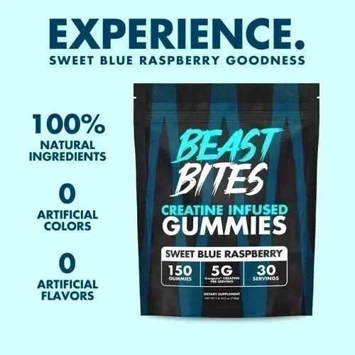 Beast Bites Creatine Infused Gummies, Blue Raspberry, 450 Servings New