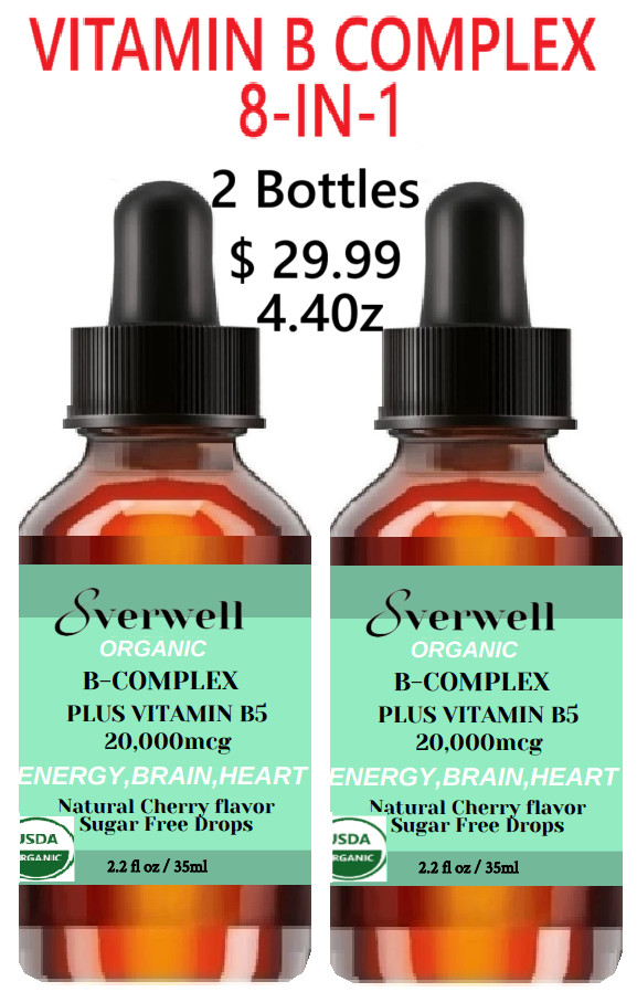 2 x 2.2oz Vitamin B Complex Liquid Drops Organic: B12,B9,B8,B7,B6,B5,B3,B2,B1
