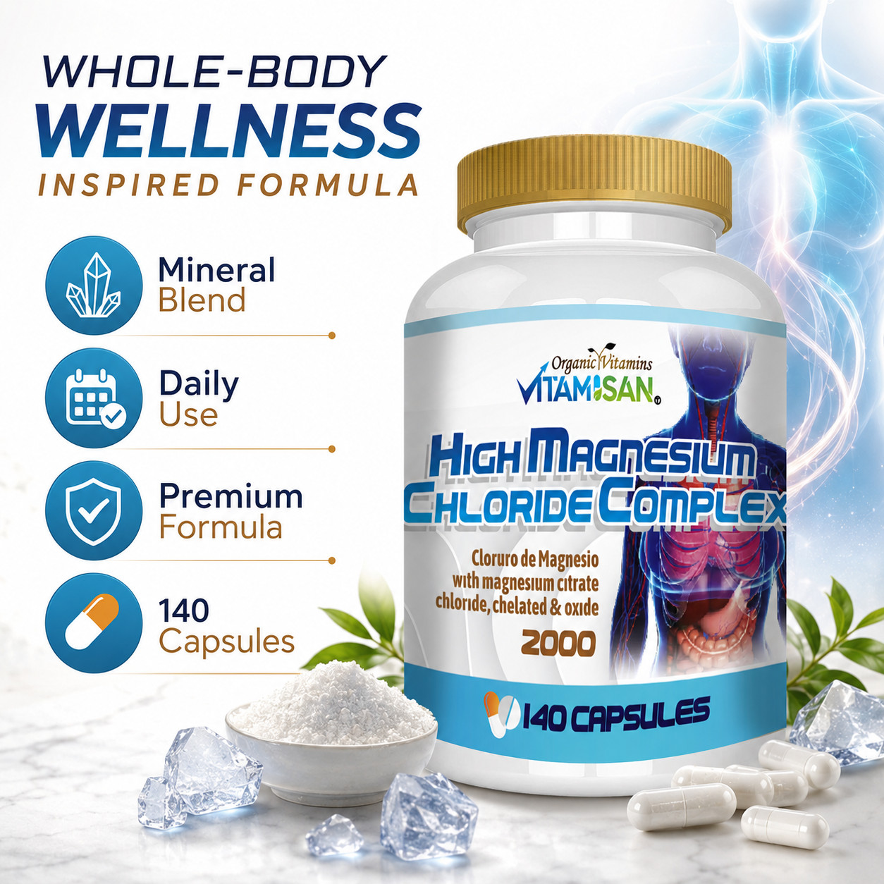 Magnesium Chloride (Cloruro de Magnesio) 2000 mg 280 capsules- 2 bottles