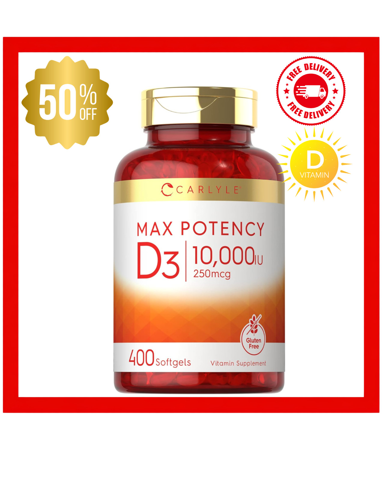 Carlyle Vitamin D 10000 IU 400 Softgels | Value Size | 400 Count (Pack of 1)
