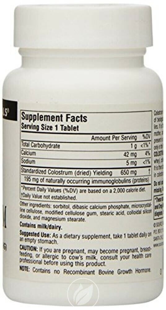 Colostrum Source Naturals – Contains 30% Immonoglobulins (195 mg)650mg 30 tab