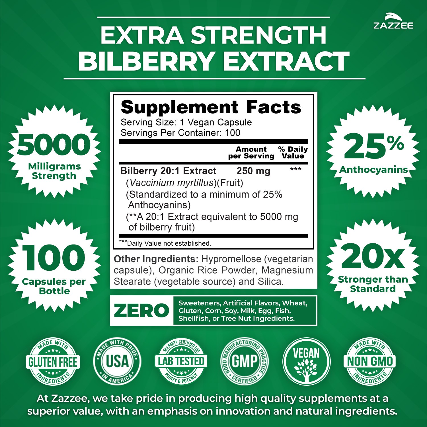 Zazzee Extra Strength Bilberry 20:1 Extract, 25% Anthocyanins, 5000 mg Strength