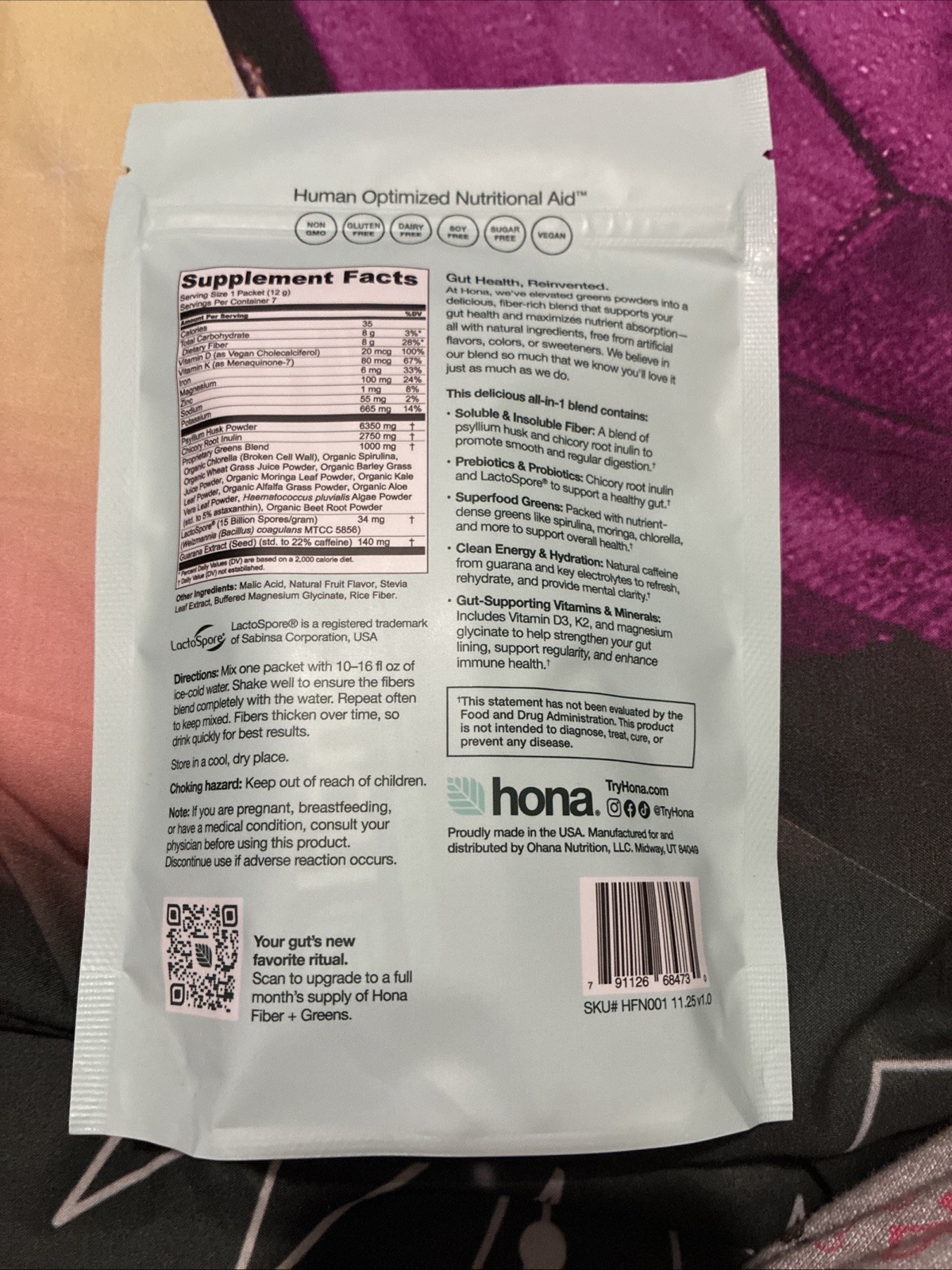 Hona Fiber + Greens Superfood Powder Prebiotics Probiotics Fiber 15 Servings