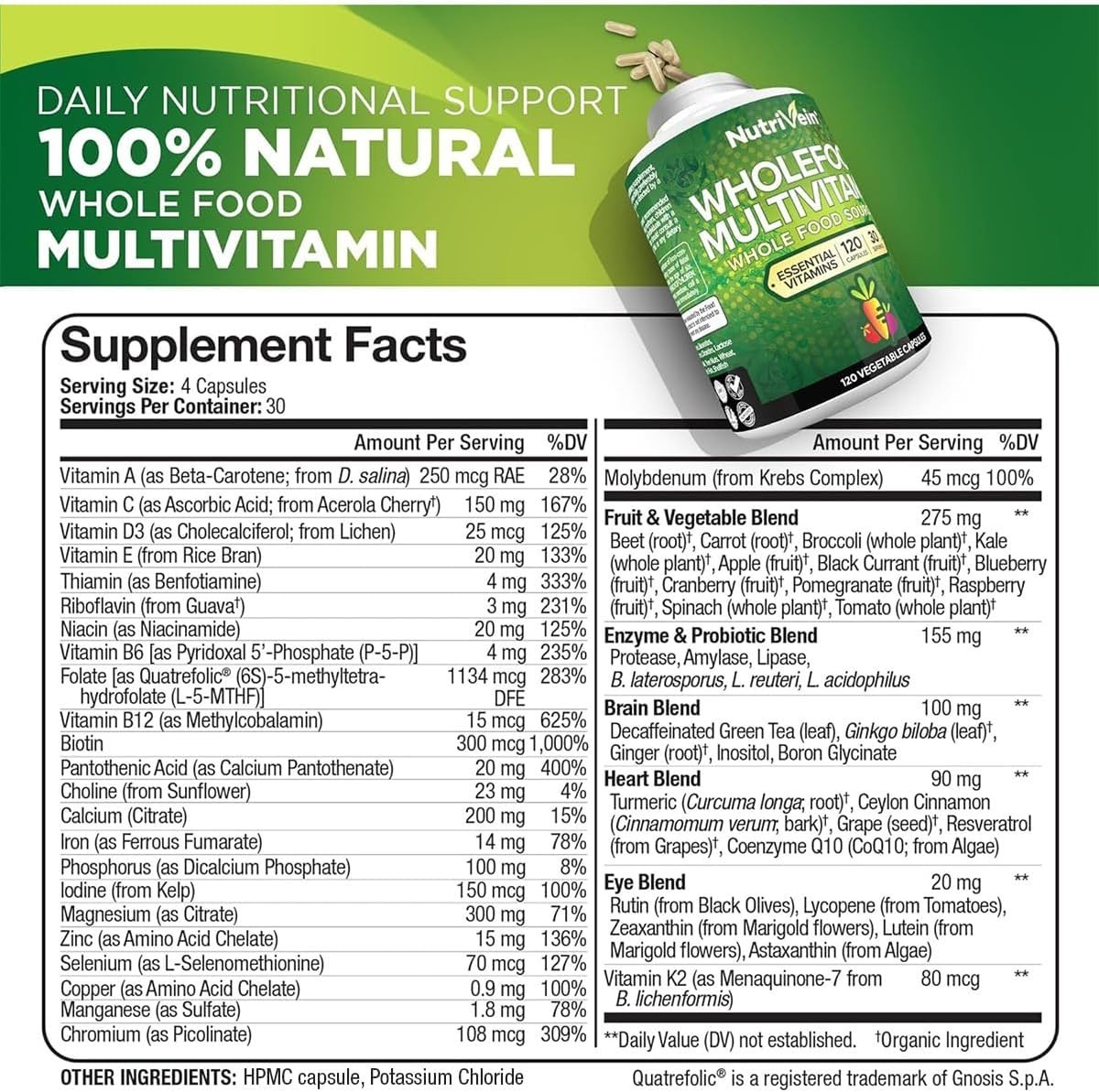 Multivitaminas diarias de alimentos integrales naturales, verduras y frutas