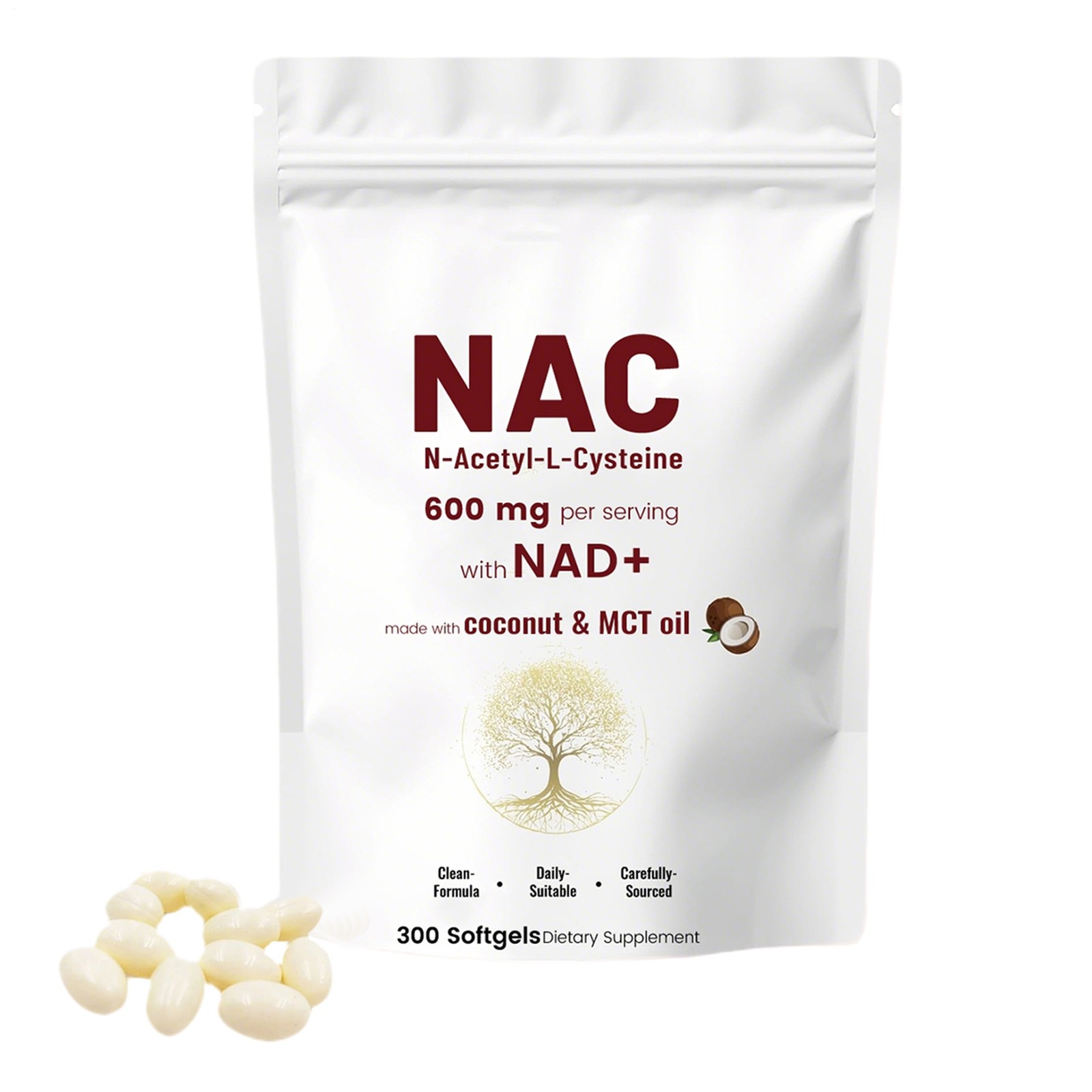 NAC 600mg with NAD+, 300 Coconut MCT Oil Softgels | L Acetyl N Cysteine & Nicoti