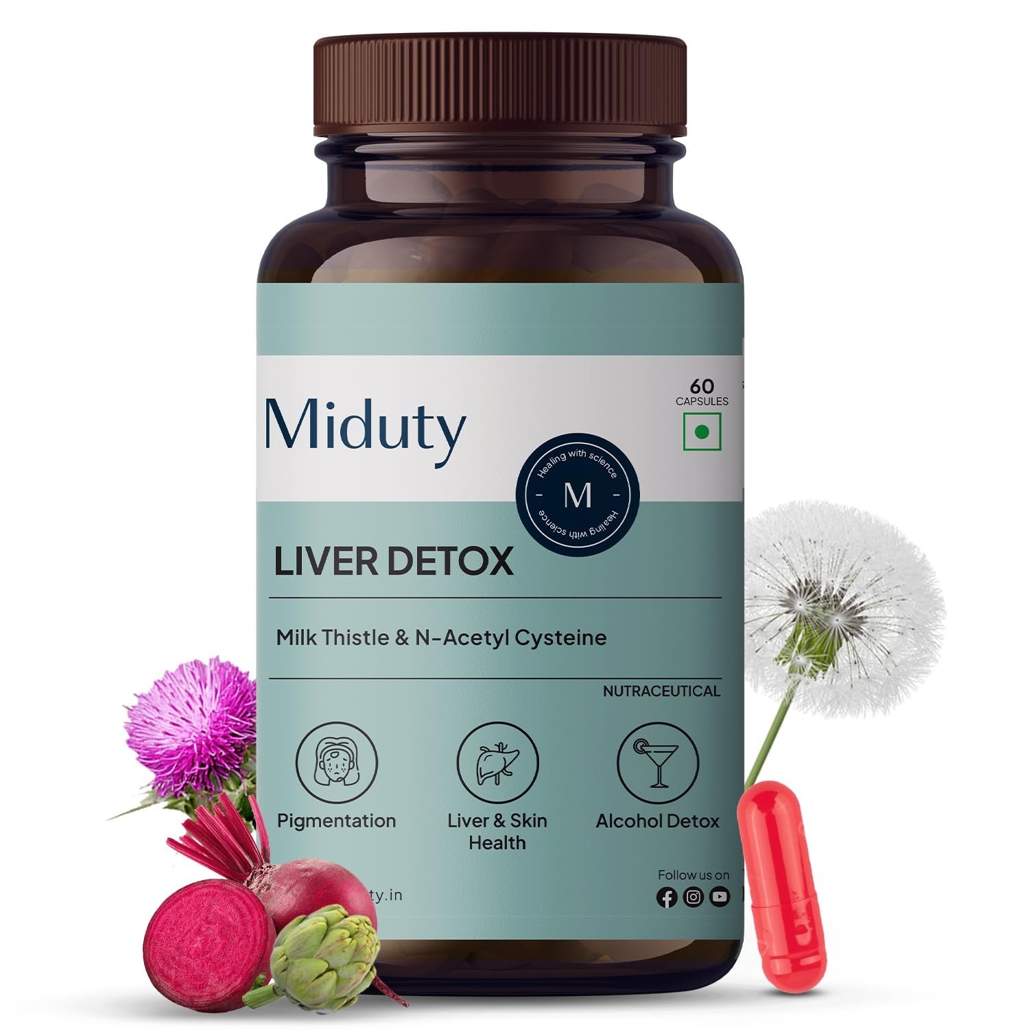 Miduty Liver Detox Supplement Milk Thistle with N-Acetyl Cysteine 900 mg, 60Caps
