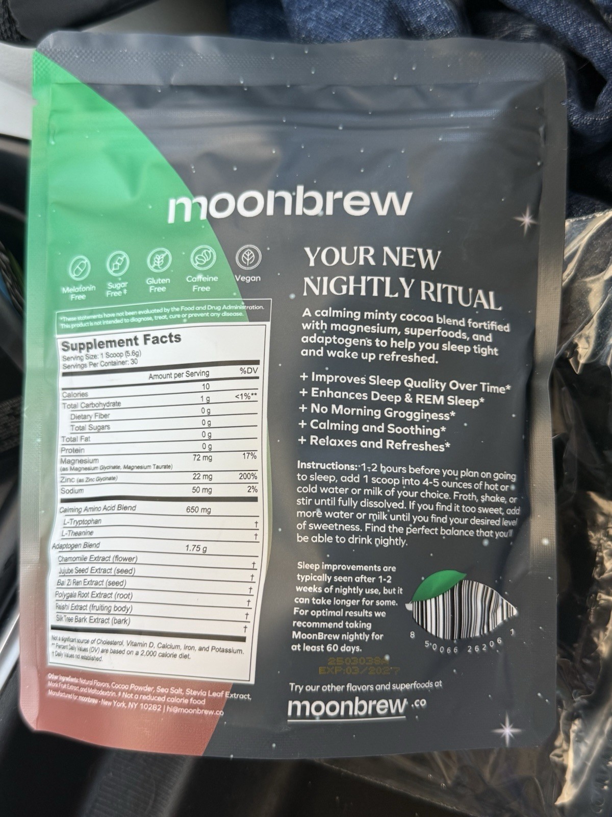 New MoonBrew Night Time Superfoods Sleep Aid Powder Mint Chocolate 5.95oz 3/27