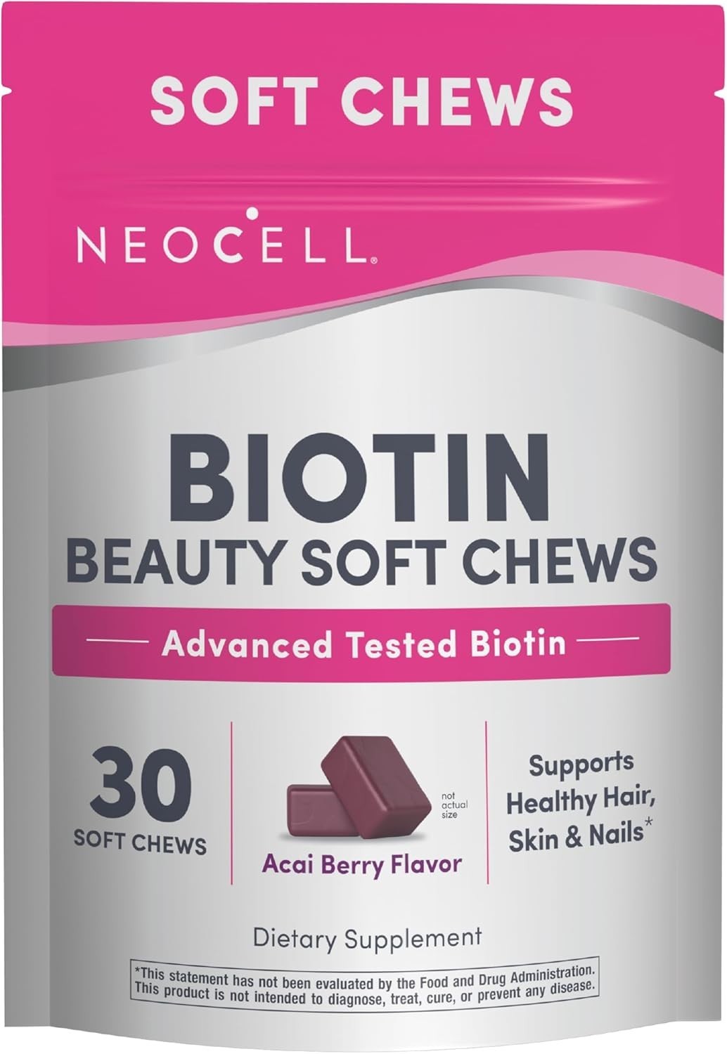 Delicious Acai Berry Biotin Soft Chews – 30 Chewables for Healthy Hair & Energy