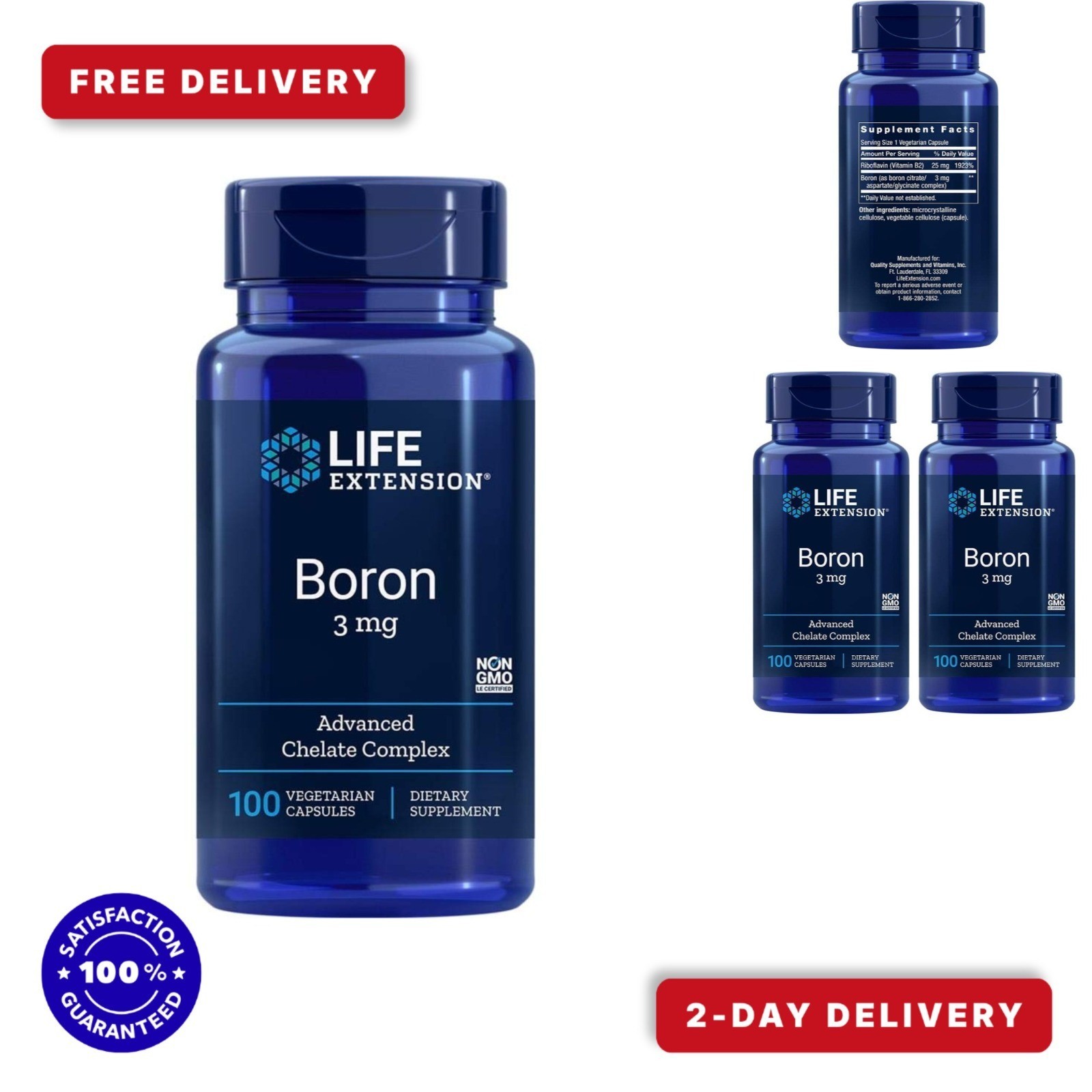 Life Extension Boron 3 mg, Vitamin B2, Supports Healthy Bones, 100 Capsules