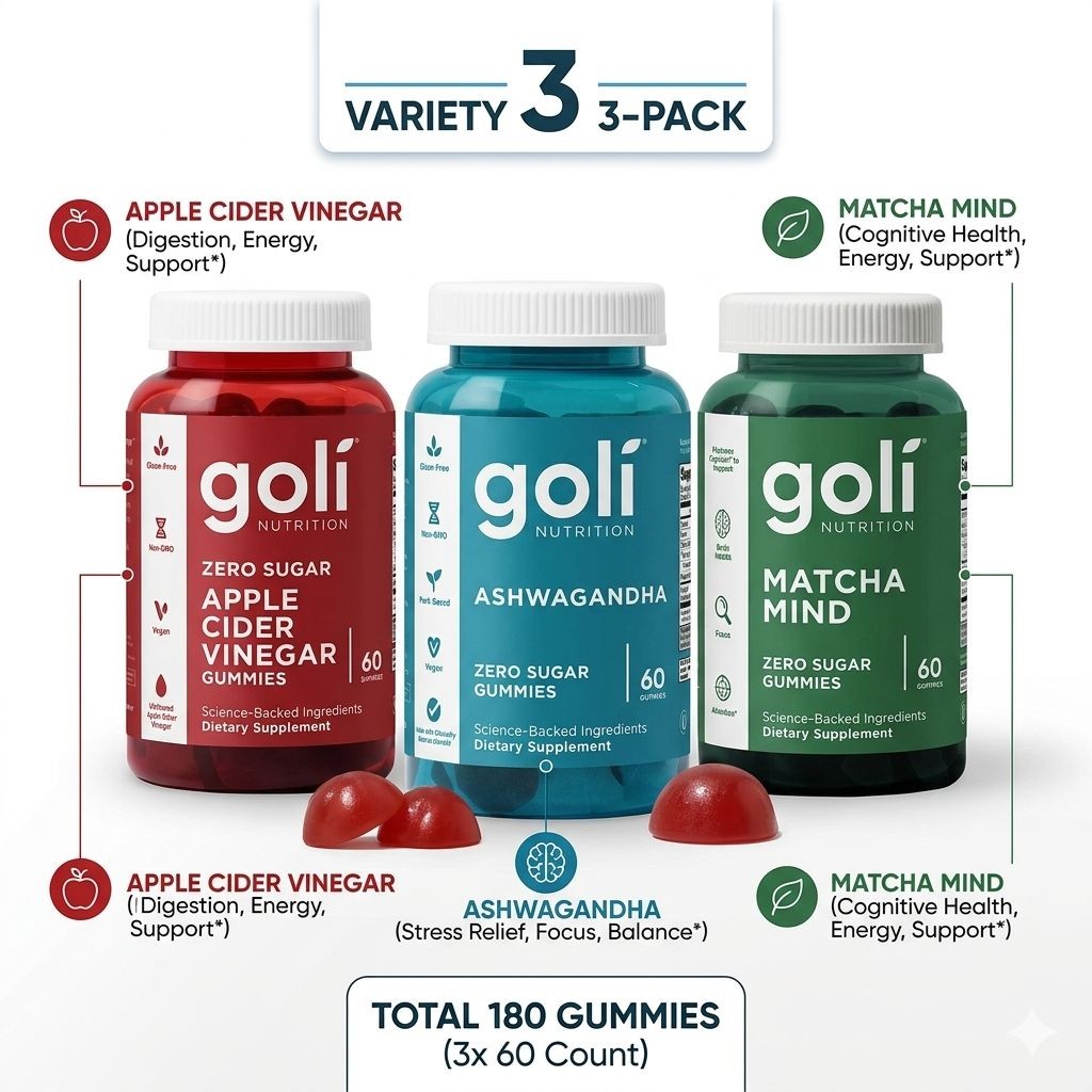 Goli Nutrition Best Seller Trio 3-Pack: ACV, Ashwagandha, Matcha Mind Gummies