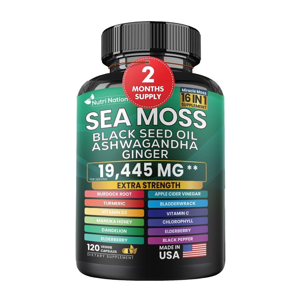 Sea Moss, Black Seed Oil, Ashwagandha, Turmeric, Ginger (16 in 1) 3 Bottle sale