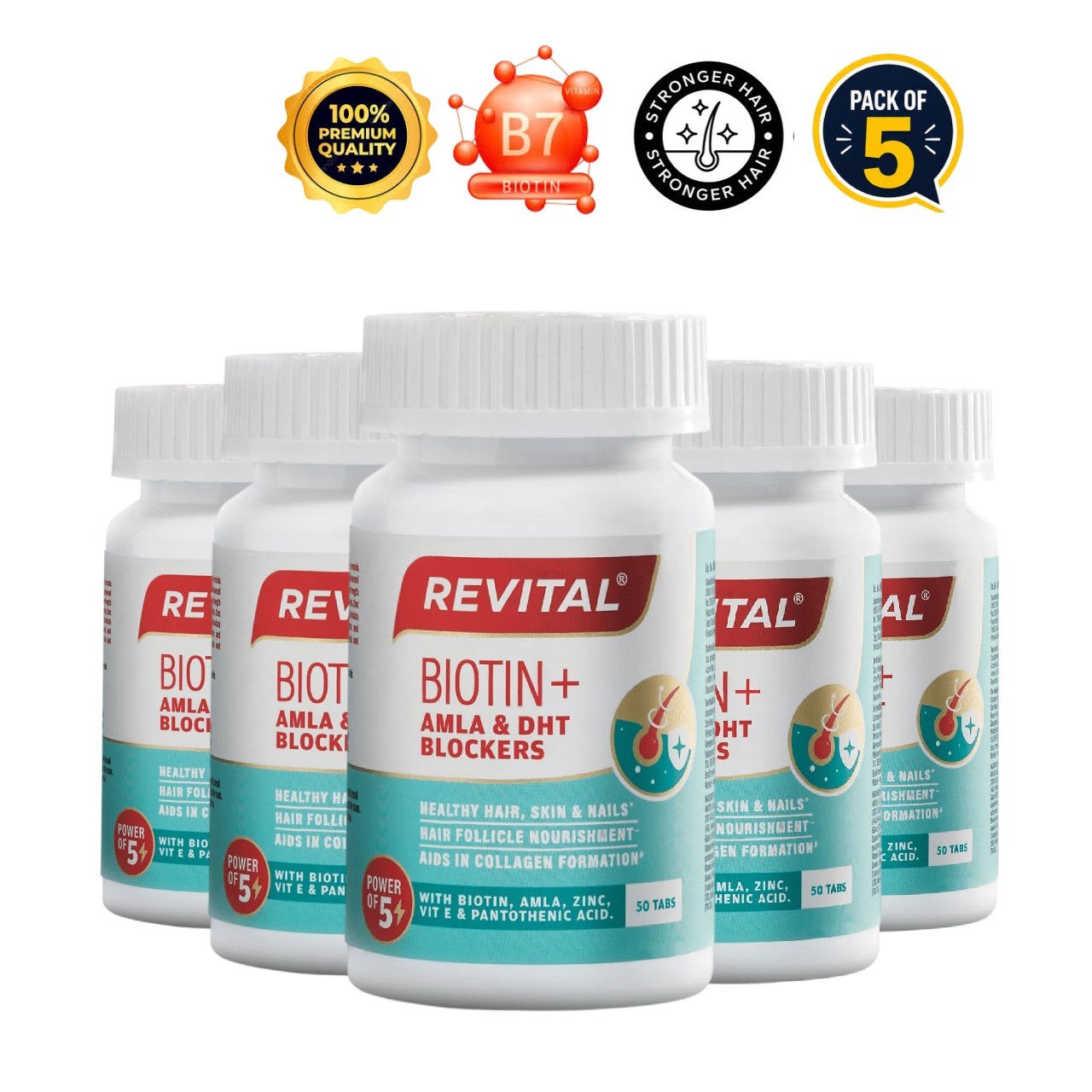5 Pack Re.vital Biotin Amla DHT Blockers Hair Support 50 Tabs