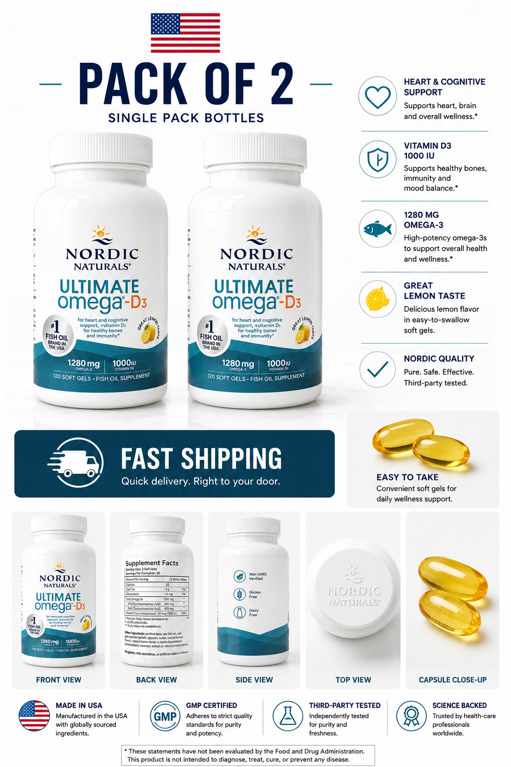 Nordic Naturals Ultimate Omega-D3 Softgels, Lemon,1280 mg, Fish Oil 120 Ct 2pack