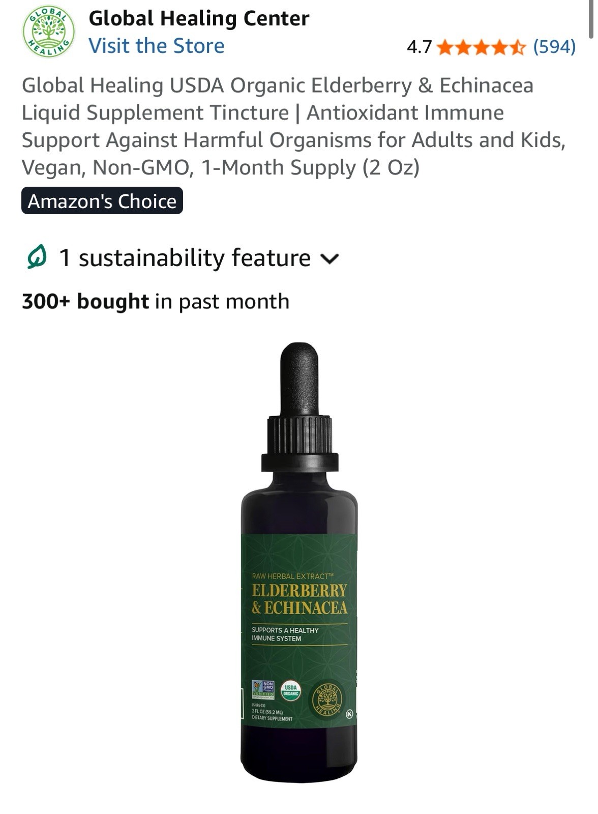 Global Healing USDA Organic Elderberry & Echinacea Liquid Supplement (2 Oz)