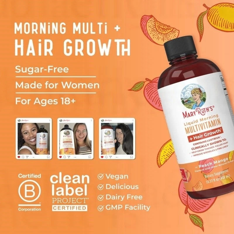 Mary Ruth’s Liquid Morning Multivitamin + Hair Growth – Peach Mango – 15 fl oz++