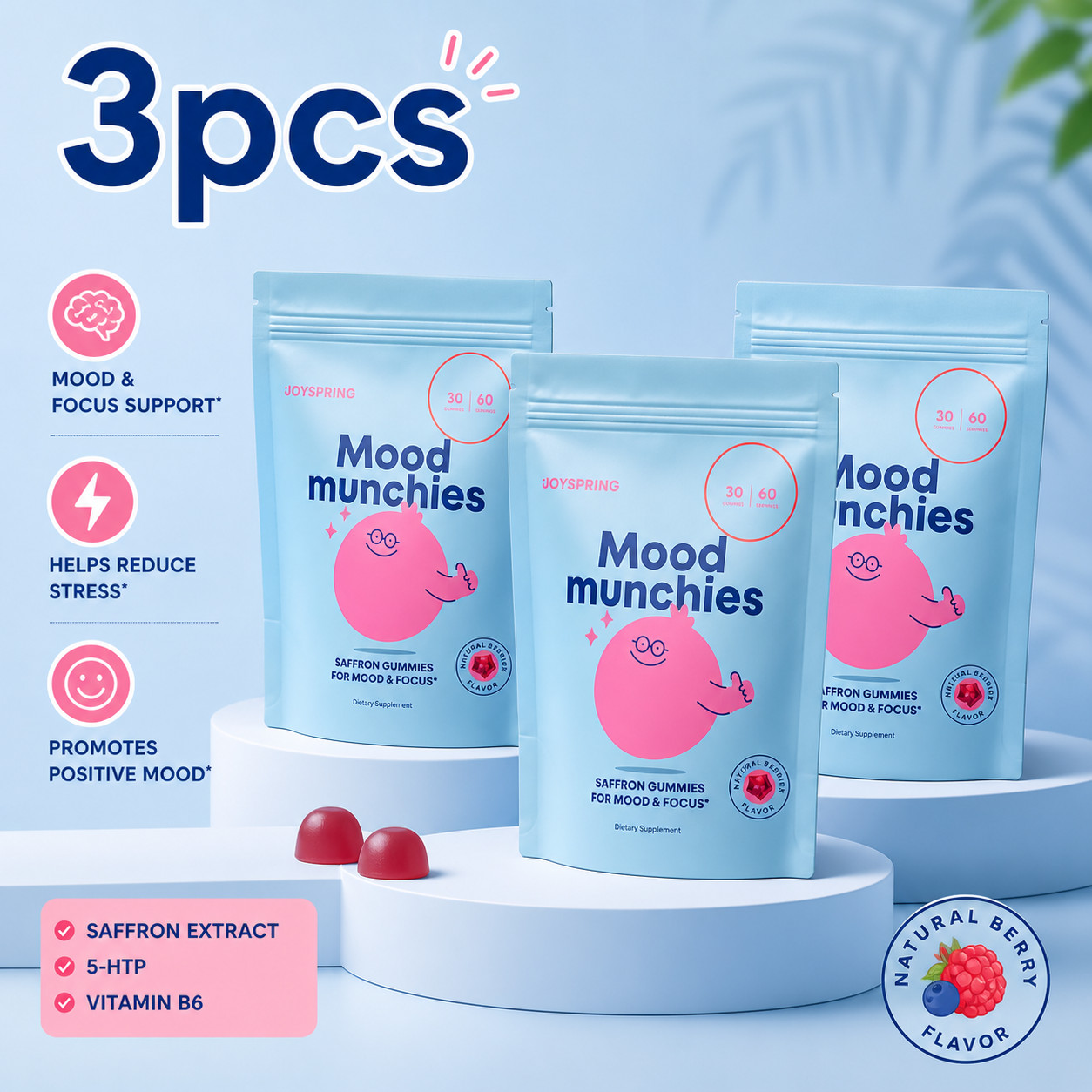 3 Pack Joyspring Mood Munchies Saffron Gummies with 5-HTP & B6 Mood Focus Stress