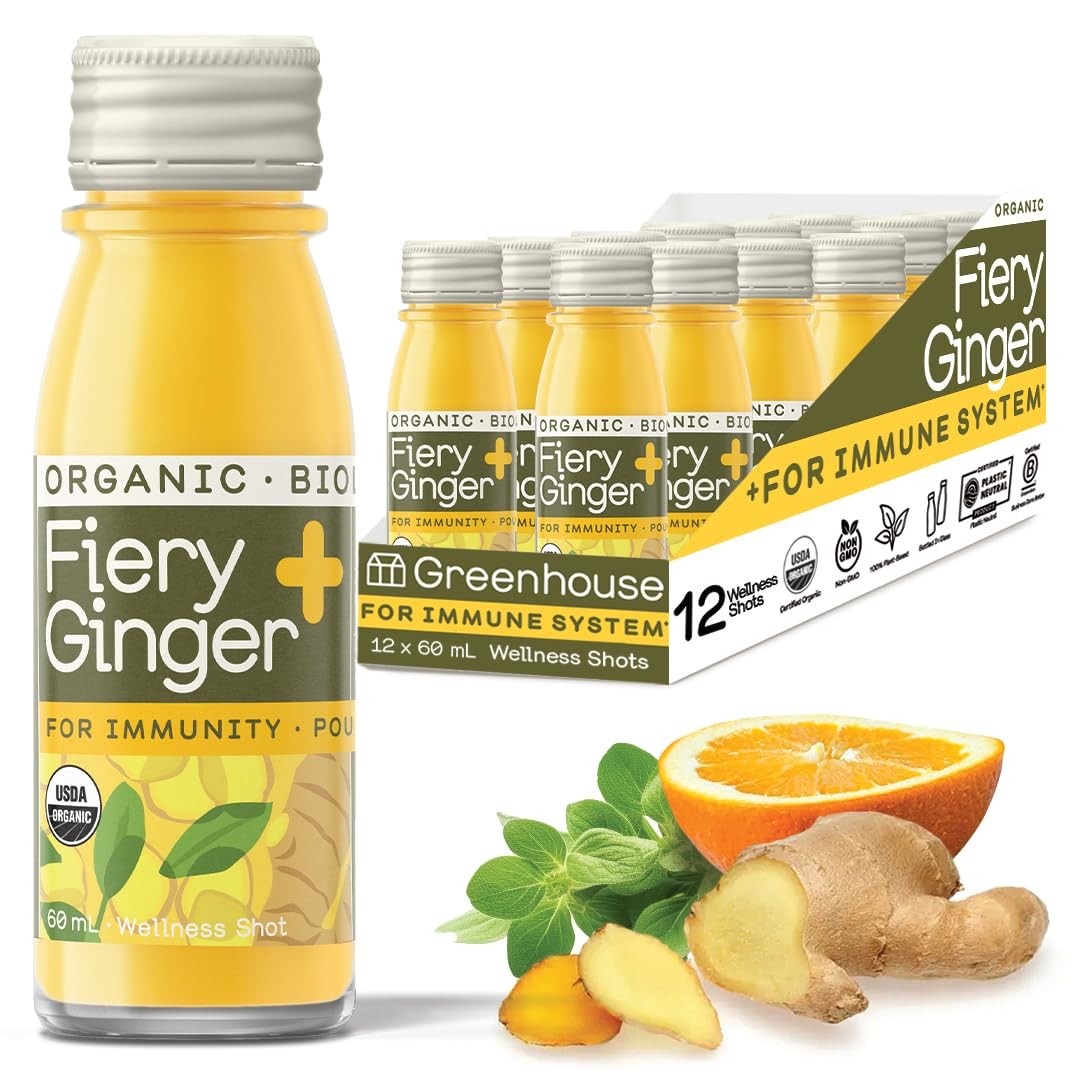 Juice Organic Fiery Ginger Wellness Shots 12-Count 60ml Glass Bottles, Vegan