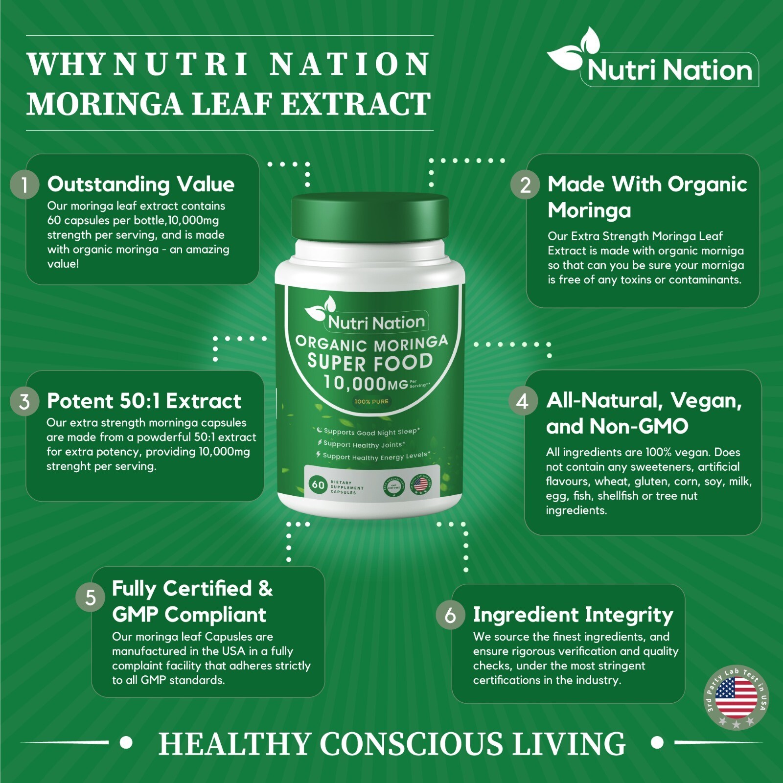 Organic Moringa Supplement 120 capsules 10,000mg