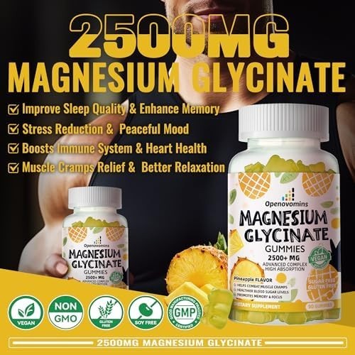 Magnesium Glycinate Gummies 2500mg – Sugar 90 Count (Pack of 1), Pineapple