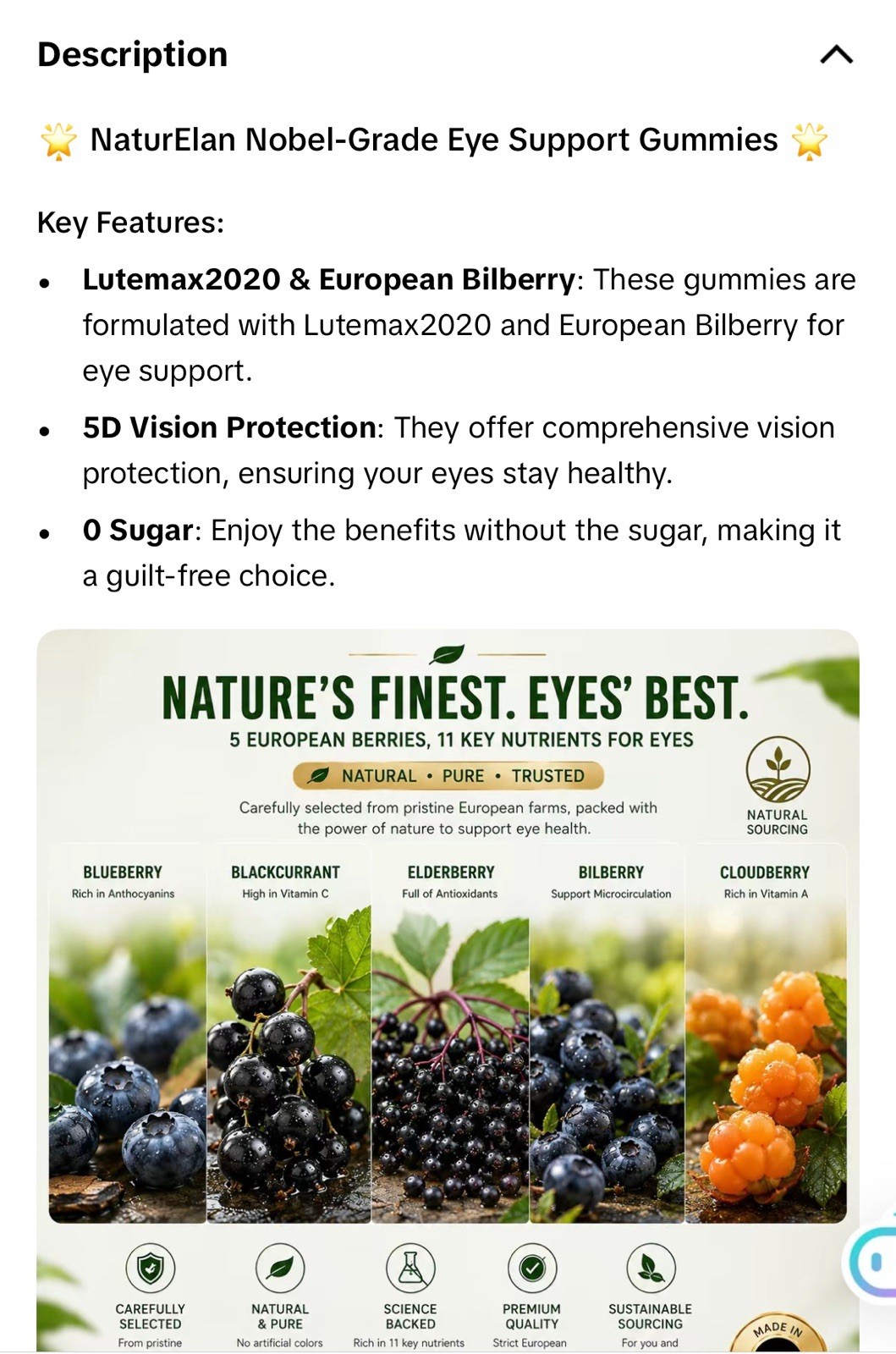 NaturElan Eye Health Gummies with Blueberry & Lutein Daily Vision Support NEW