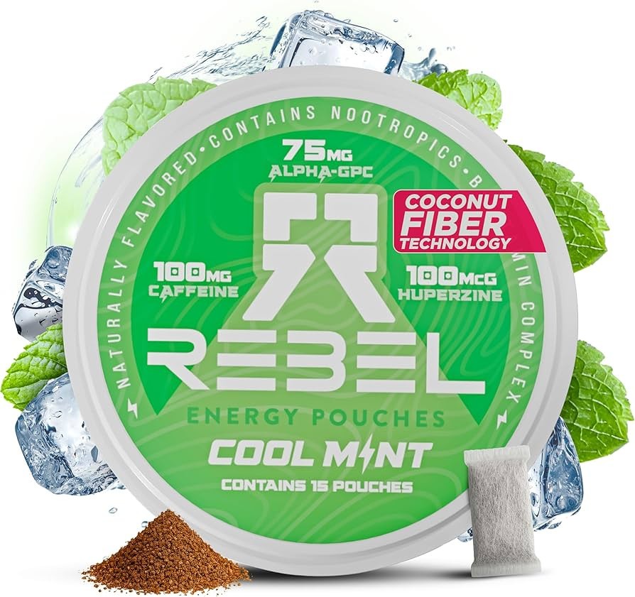 Rebel Nootropic Energy Caffeine Pouches Cool Mint 100mg 15 Pouches
